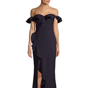 Likely miller off-the-shoulder ruffled gown, navy